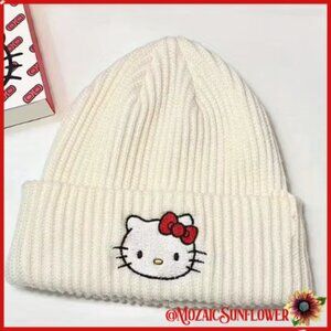 Hello Kitty Embroidered Ladies Winter White Beanie Hat With Cuff NWT